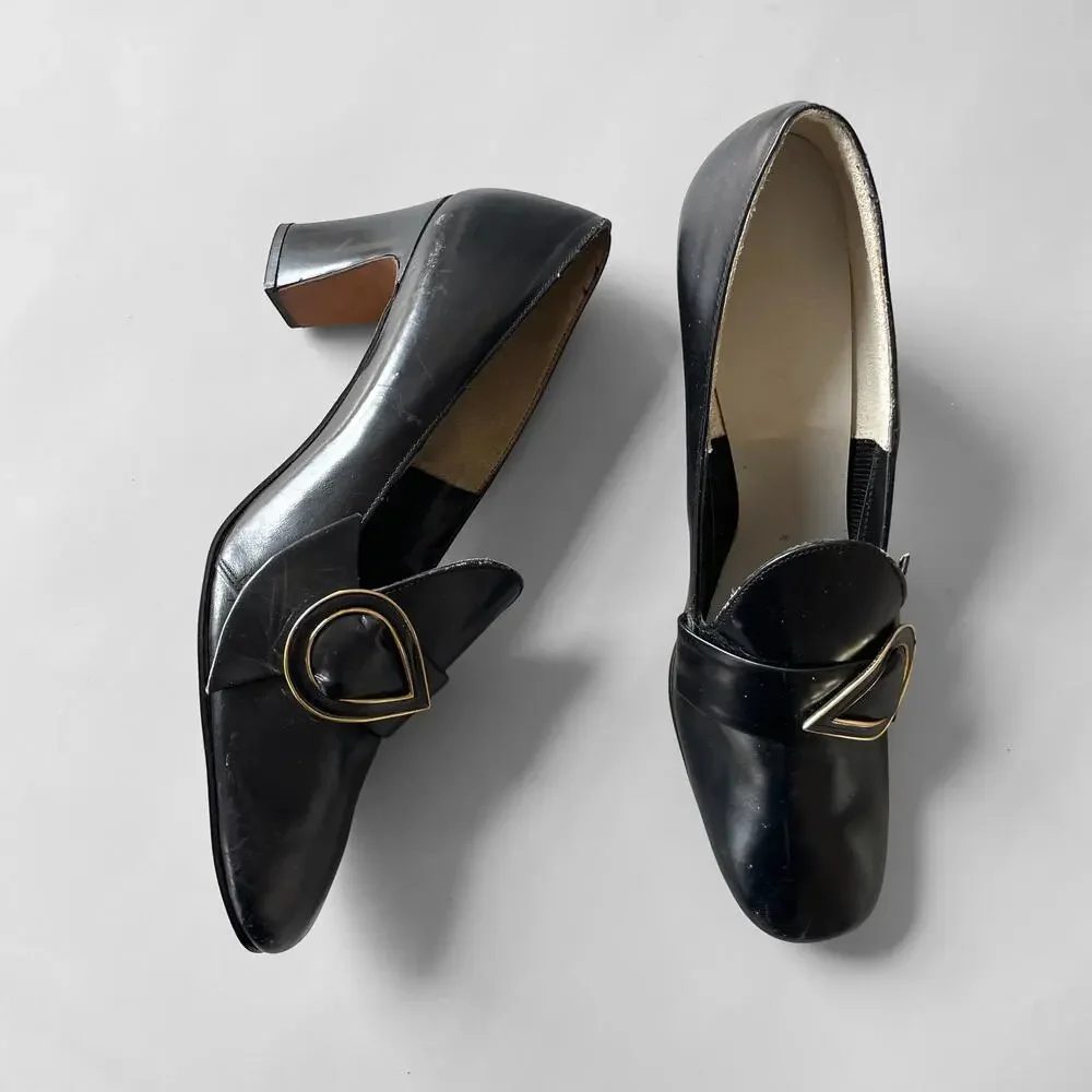 60s 70s Buckle Shoes MCM Low Heel Pilgrim Square Toe Front Row Chunky Heel 9AA
